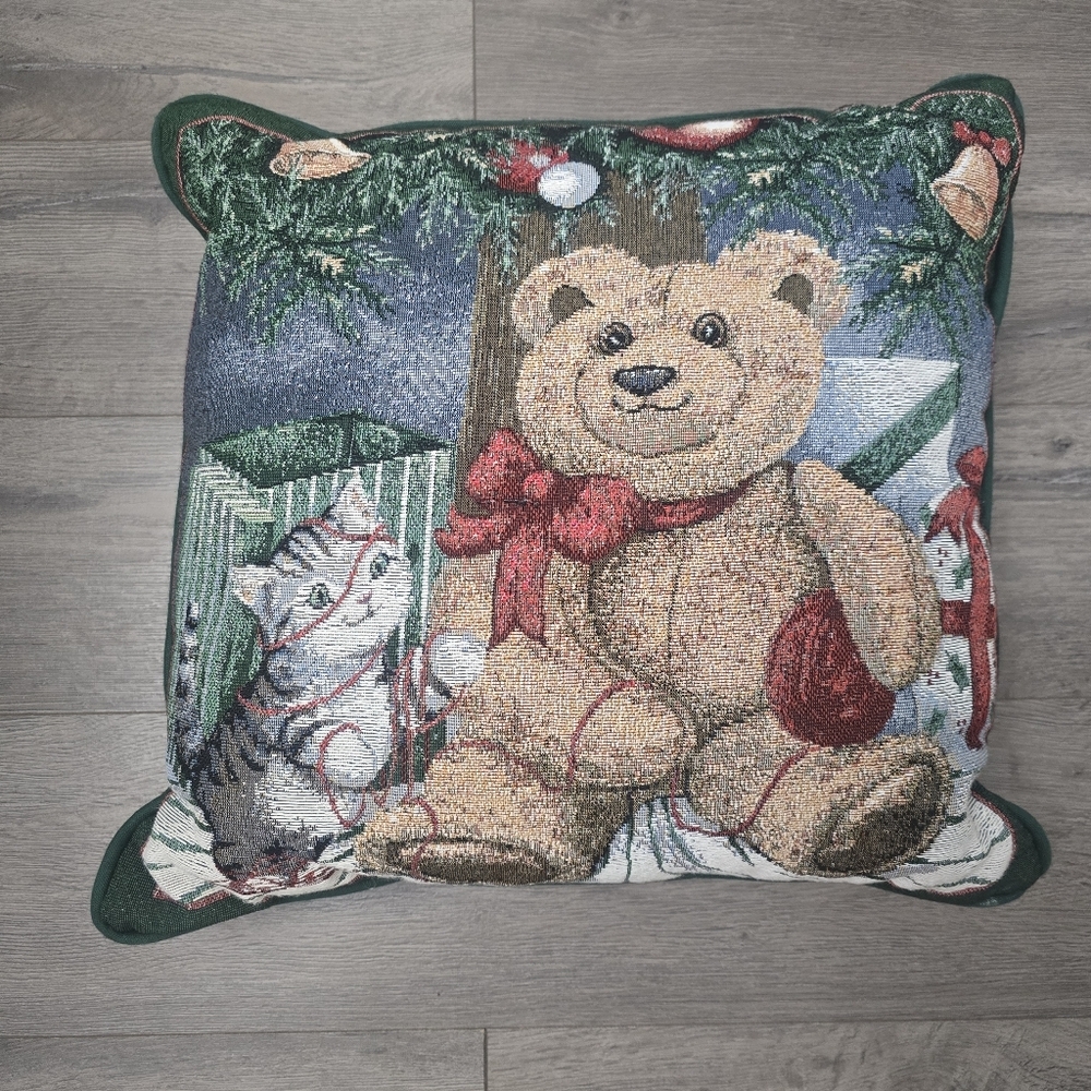 Tapestry Christmas Holiday Accent Pillow Teddy Bear & Kitty Cat Decor